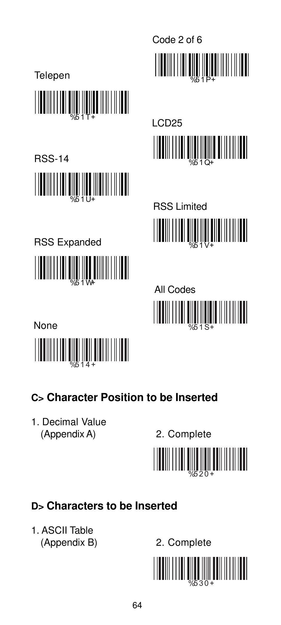 Character position to be inserted, Characters to be inserted | Manhattan 460835 Long Range CCD Barcode Scanner - Programming Menu User Manual | Page 66 / 74
