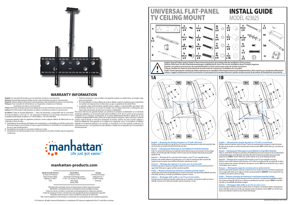 Manhattan 423625 Universal Flat-Panel TV Ceiling Mount - Quick Install (Multi) User Manual | 2 pages