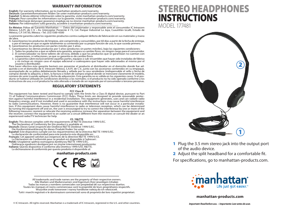 Manhattan 177481 Stereo Headphones - Quick Install (Multi) User Manual | 2 pages
