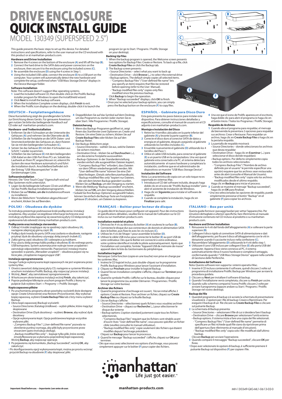 Manhattan 130349 Drive Enclosure - Quick Install (Multi) User Manual | 2 pages