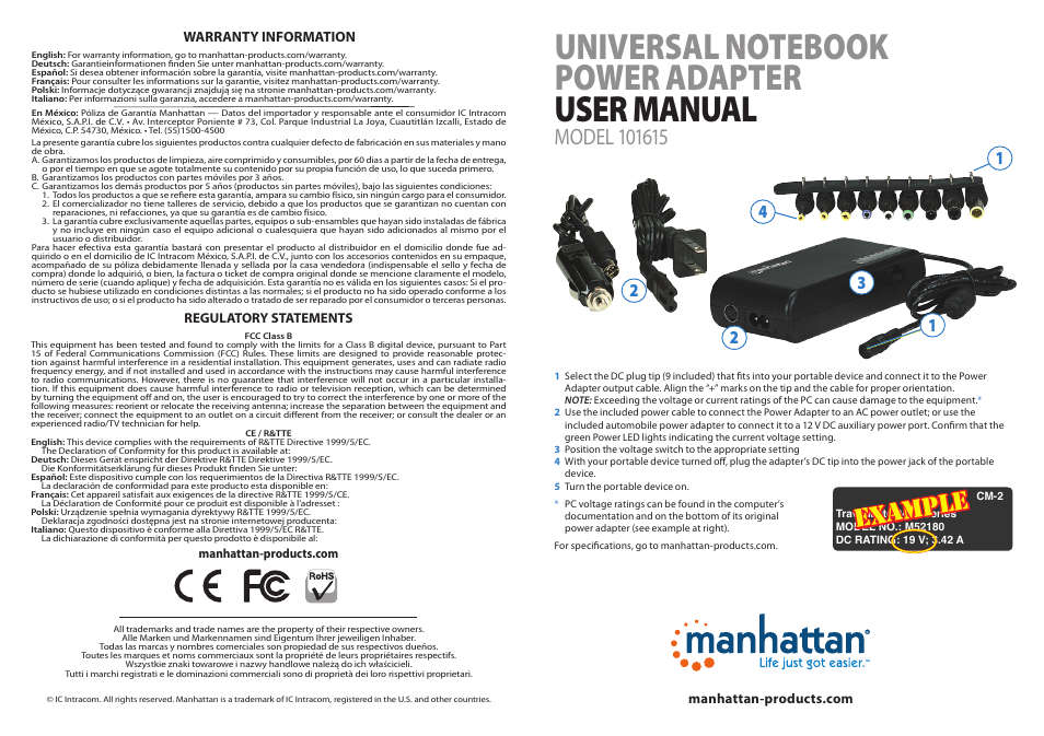 Manhattan 101615 Universal Notebook Power Adapter - Quick Install (Multi) User Manual | 2 pages
