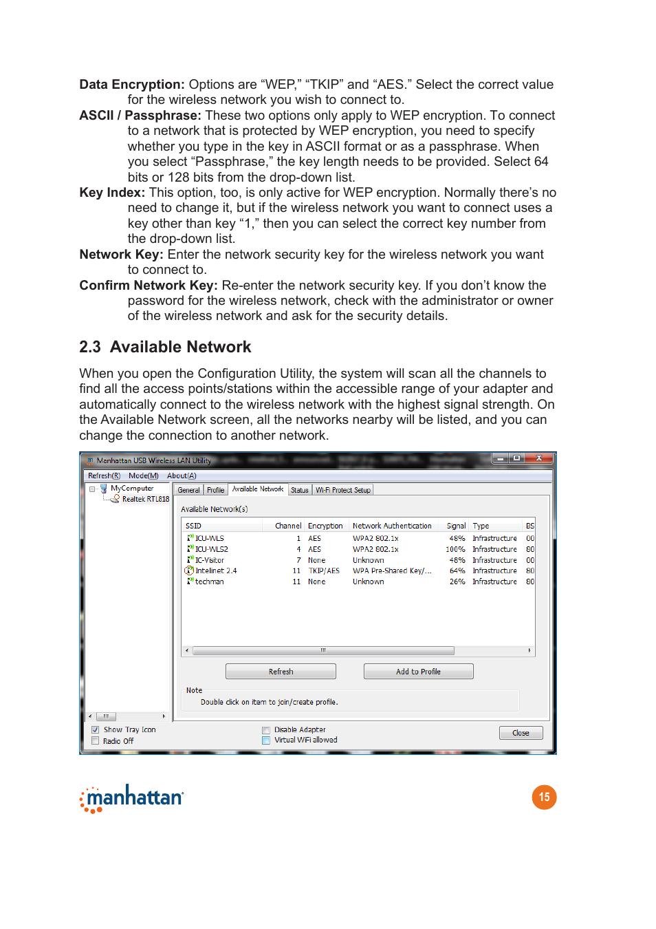 3 available network | Manhattan 525572 Range+ 1200AC Dual-Band Wireless Adapter - Manual User Manual | Page 15 / 26