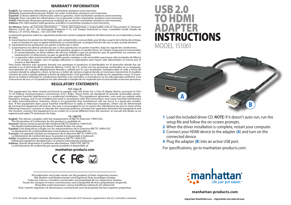 Manhattan 151061 USB 2.0 to HDMI Adapter - Quick Install (Multi) User Manual | 2 pages