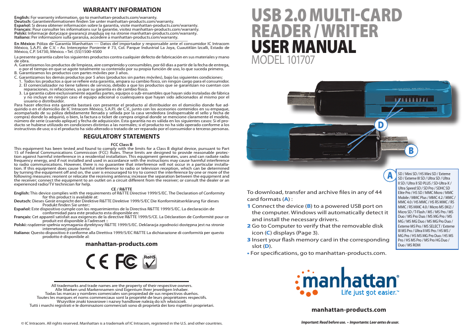 Manhattan 101707 USB 2.0 Multi-Card Reader & Writer - Quick Install (Multi) User Manual | 2 pages