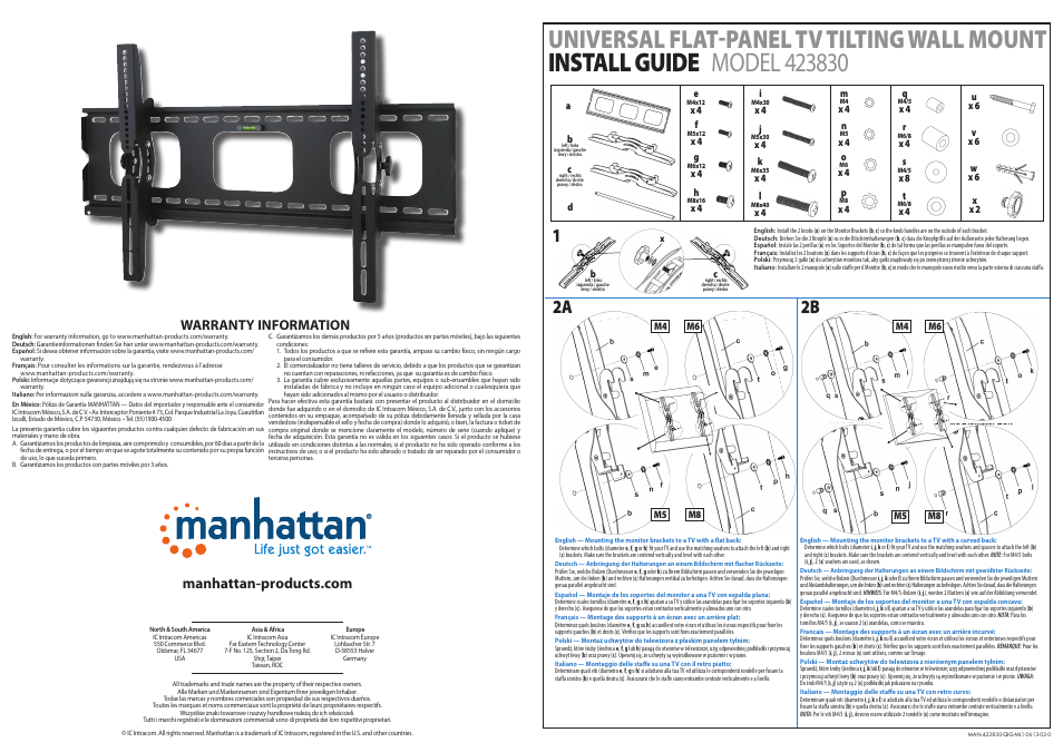 Manhattan 423830 Universal Flat-Panel TV Tilting Wall Mount - Quick Install (Multi) User Manual | 2 pages