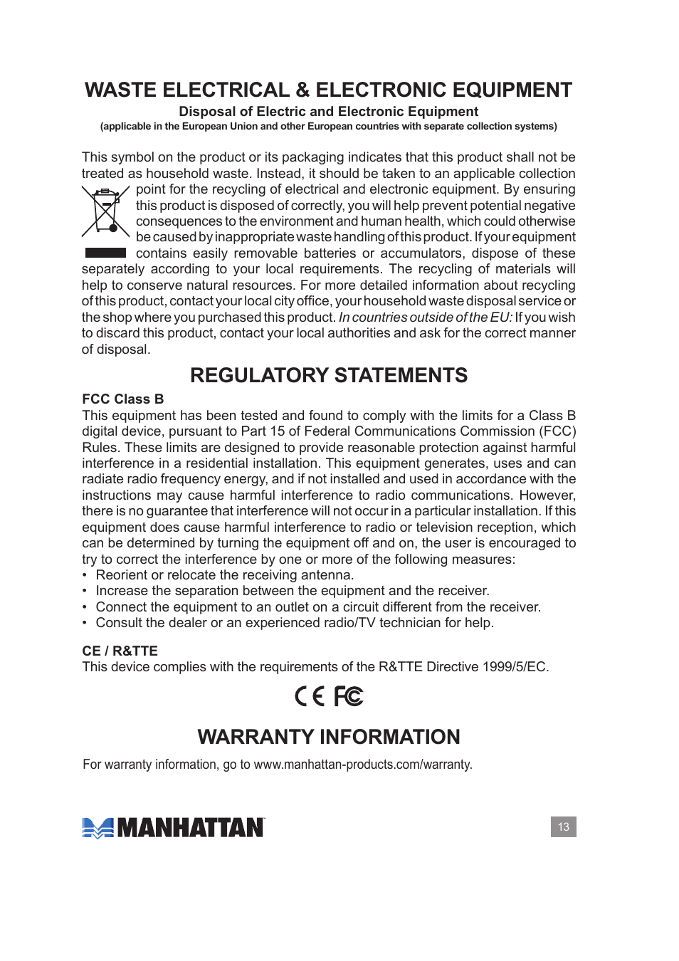 Waste electrical & electronic equipment, Regulatory statements, Warranty information | Manhattan 161336 Hi-Speed USB Audio_Video Grabber - Manual User Manual | Page 13 / 14