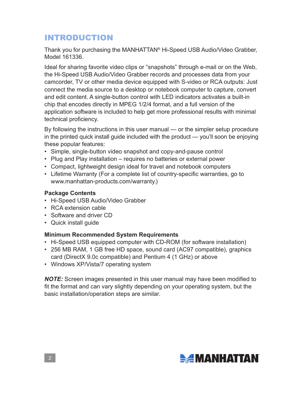 Introduction | Manhattan 161336 Hi-Speed USB Audio_Video Grabber - Manual User Manual | Page 2 / 14