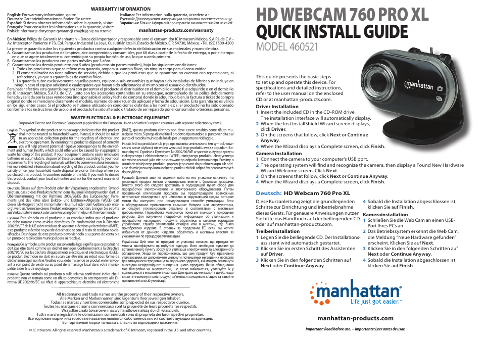 Manhattan 460521 HD Webcam 760 Pro XL - Quick Install (Multi) User Manual | 2 pages