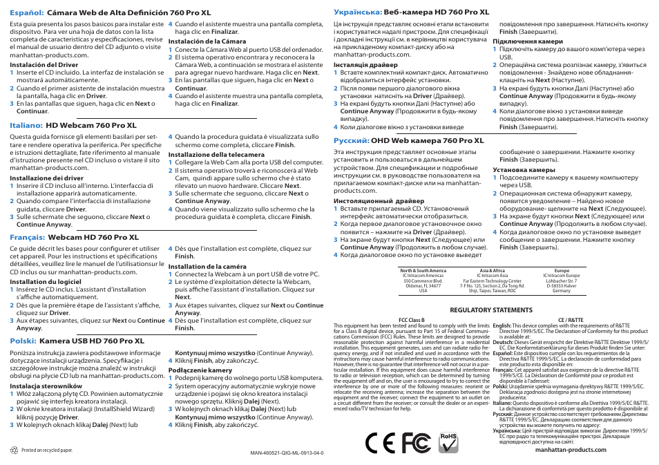 Manhattan 460521 HD Webcam 760 Pro XL - Quick Install (Multi) User Manual | Page 2 / 2
