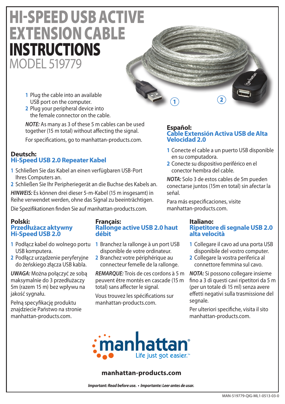 Manhattan 519779 Hi-Speed USB Active Extension Cable - Quick Install (Multi) User Manual | 2 pages