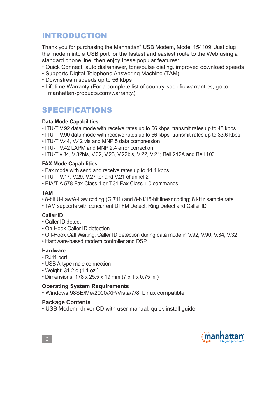 Introduction, Specifications | Manhattan 154109 USB Modem - Manual User Manual | Page 2 / 12