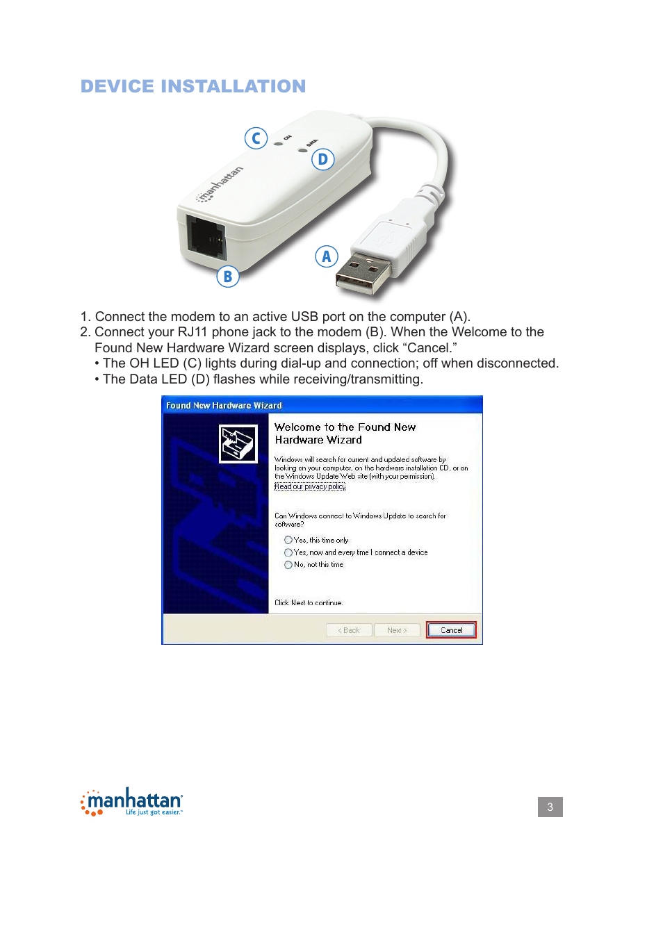 Device installation, Ab c d | Manhattan 154109 USB Modem - Manual User Manual | Page 3 / 12