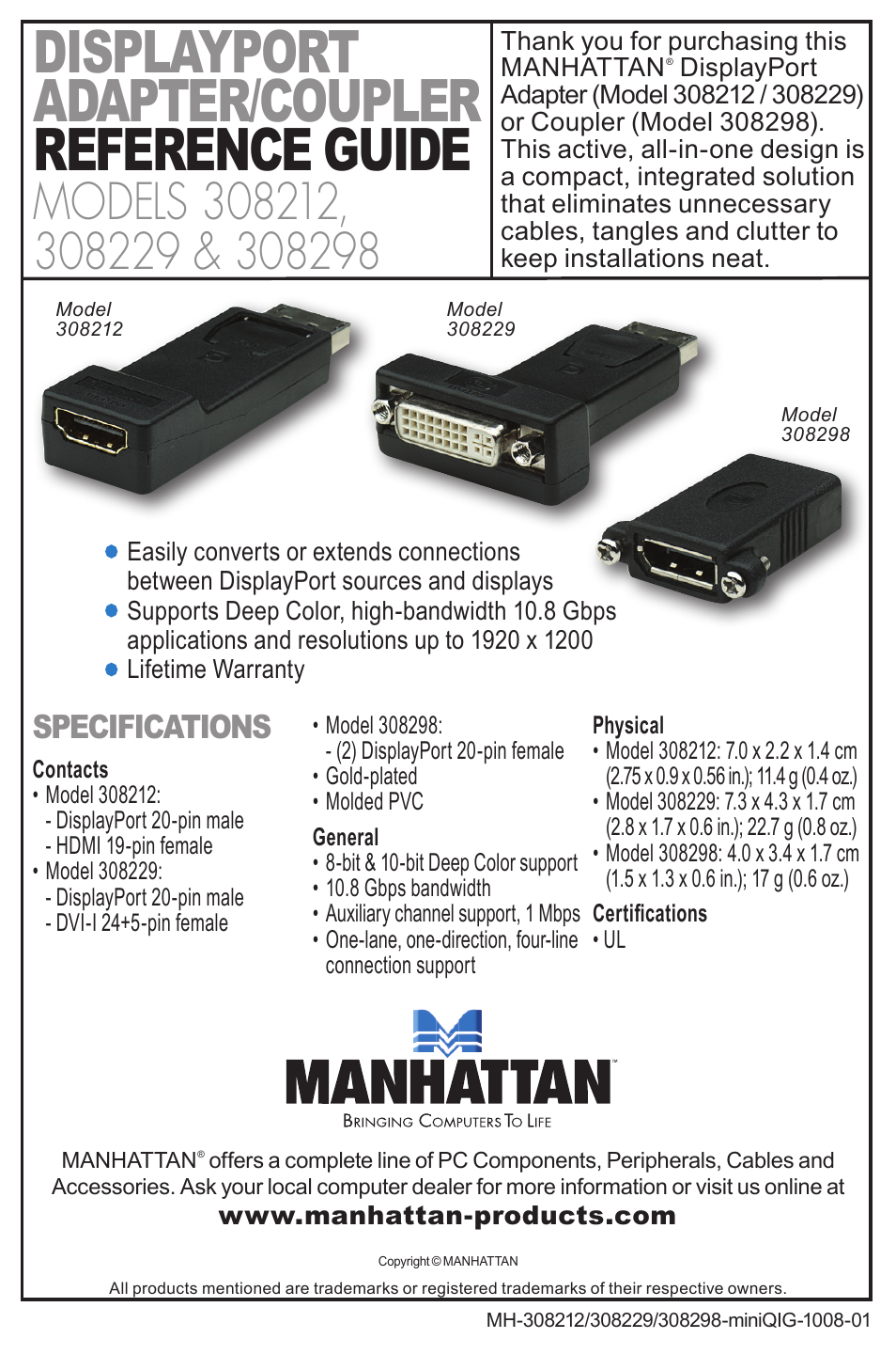 Manhattan 308212 DisplayPort Adapter - Quick Install (Multi) User Manual | 1 page