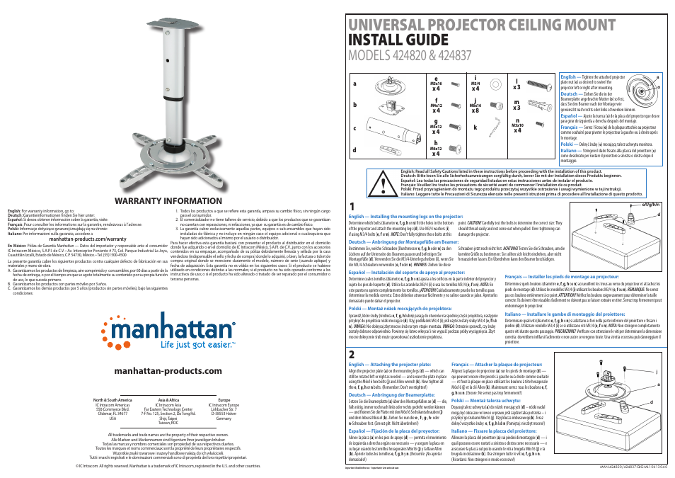 Manhattan 424820 Universal Projector Ceiling Mount - Quick Install (Multi) User Manual | 2 pages