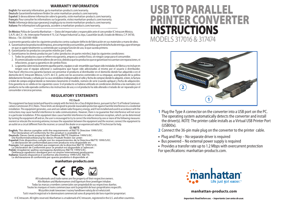 Manhattan 317474 USB to Parallel Printer Converter - Quick Install (Multi) User Manual | 2 pages