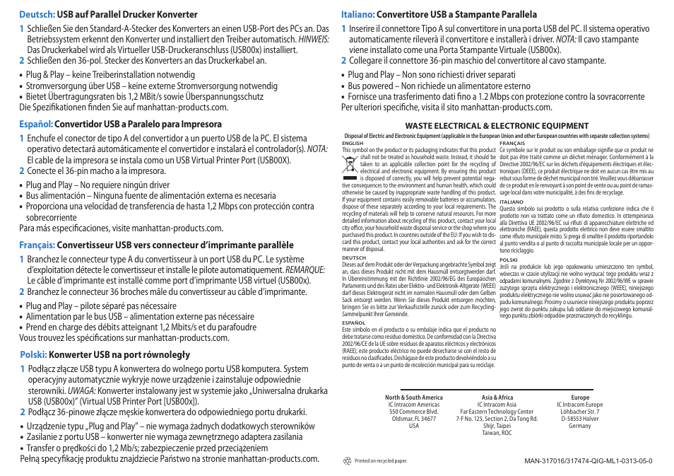 Manhattan 317474 USB to Parallel Printer Converter - Quick Install (Multi) User Manual | Page 2 / 2