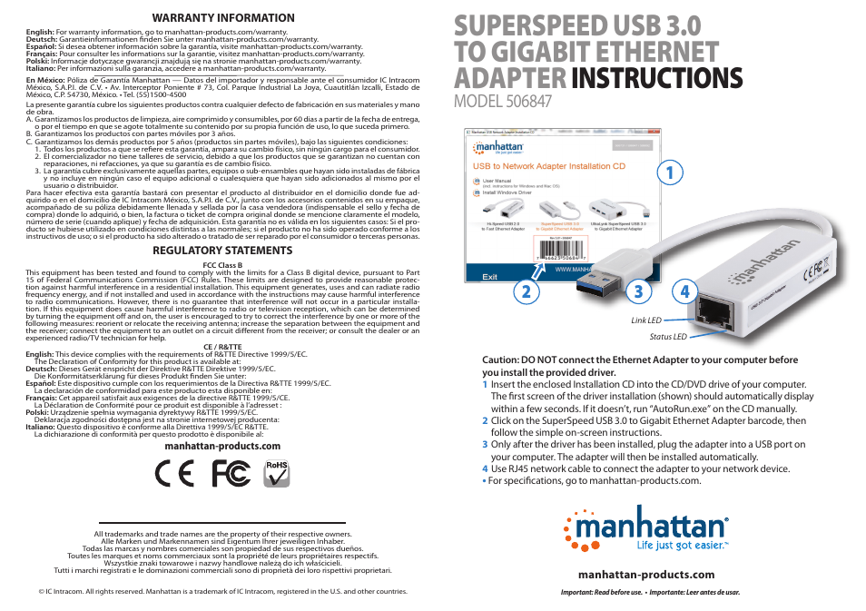 Manhattan 506847 USB 3.0 Gigabit Adapter - Quick Install (Multi) User Manual | 2 pages