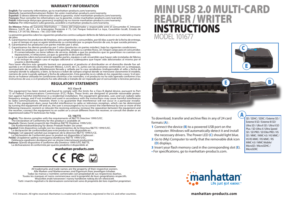 Manhattan 101677 Mini USB 2.0 Multi-Card Reader & Writer - Quick Install (Multi) User Manual | 2 pages