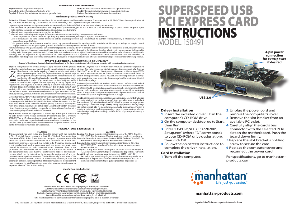 Manhattan 150491 SuperSpeed USB PCI Express Card - Quick Install (Multi) User Manual | 2 pages