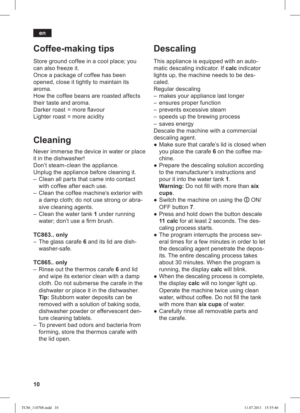 Coffee-making tips, Cleaning, Descaling | Siemens TC 86525 User Manual | Page 14 / 108