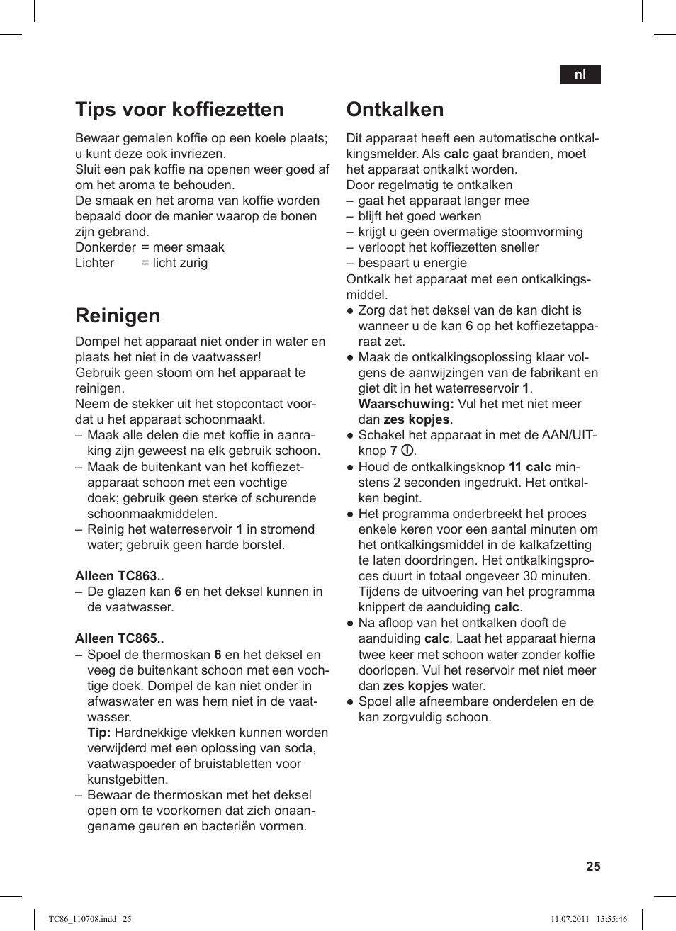 Tips voor kofiezetten, Reinigen, Ontkalken | Siemens TC 86525 User Manual | Page 29 / 108