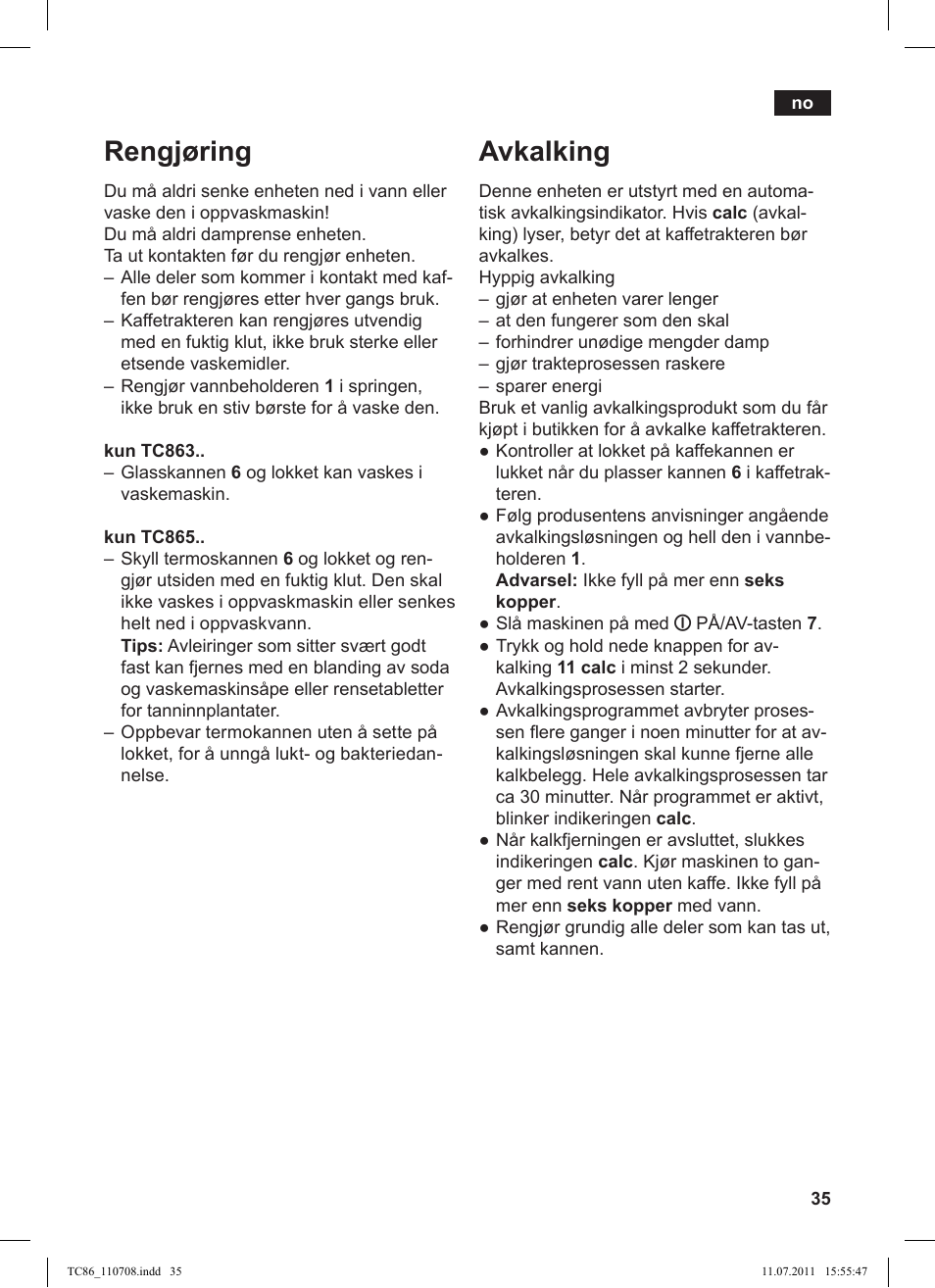 Rengjøring, Avkalking | Siemens TC 86525 User Manual | Page 39 / 108