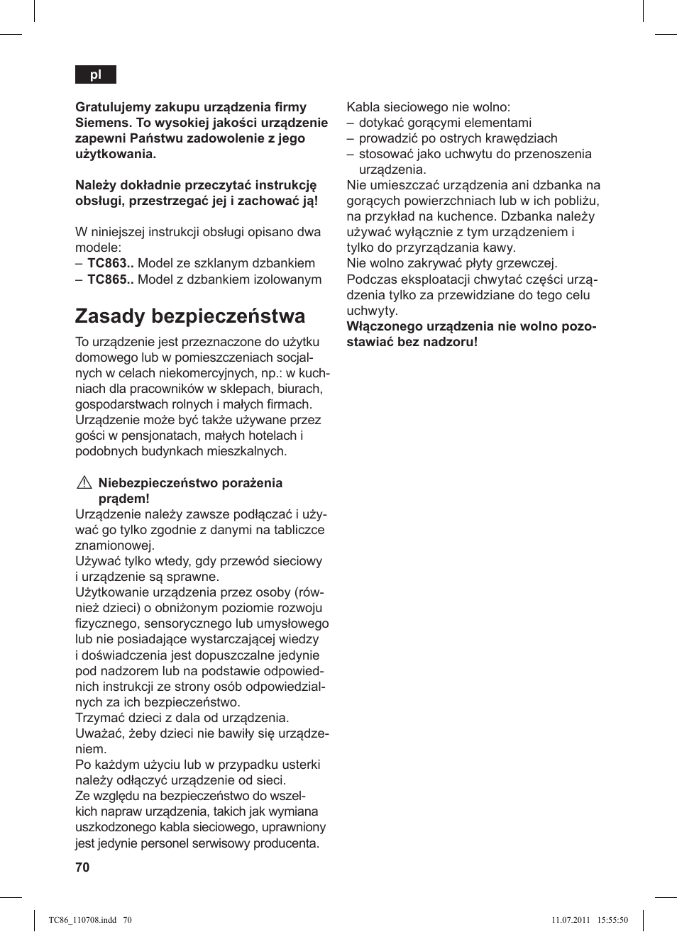 Zasady bezpiecze stwa | Siemens TC 86525 User Manual | Page 74 / 108