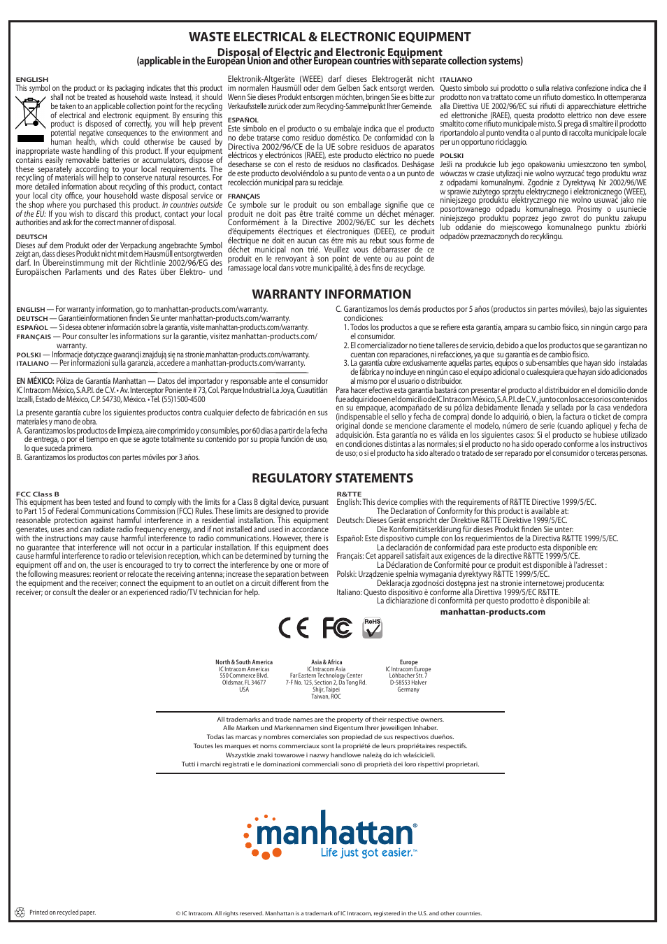 Waste electrical & electronic equipment, Regulatory statements, Warranty information | Manhattan 130295 Drive Enclosure - Quick Install (Multi) User Manual | Page 2 / 2