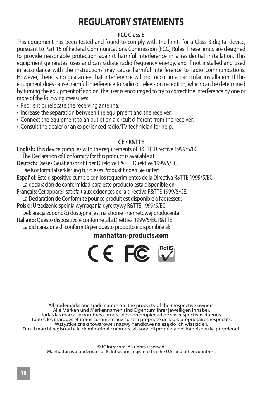 Regulatory statements | Manhattan 178235 Viva Wireless Mouse - Quick Install (Multi) User Manual | Page 10 / 12