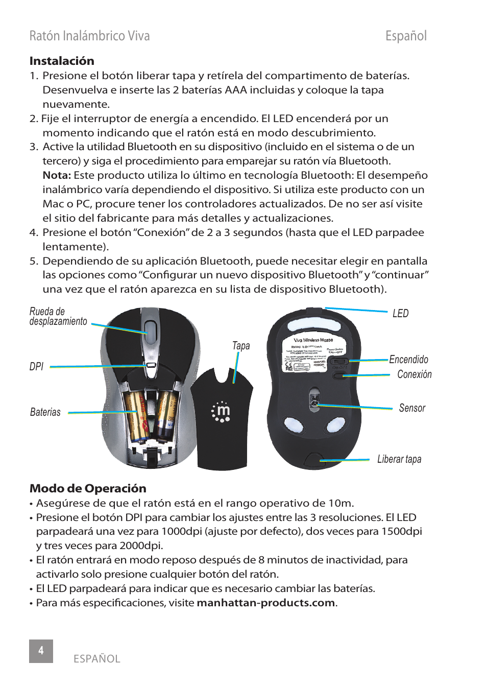 Ratón inalámbrico viva español | Manhattan 178235 Viva Wireless Mouse - Quick Install (Multi) User Manual | Page 4 / 12