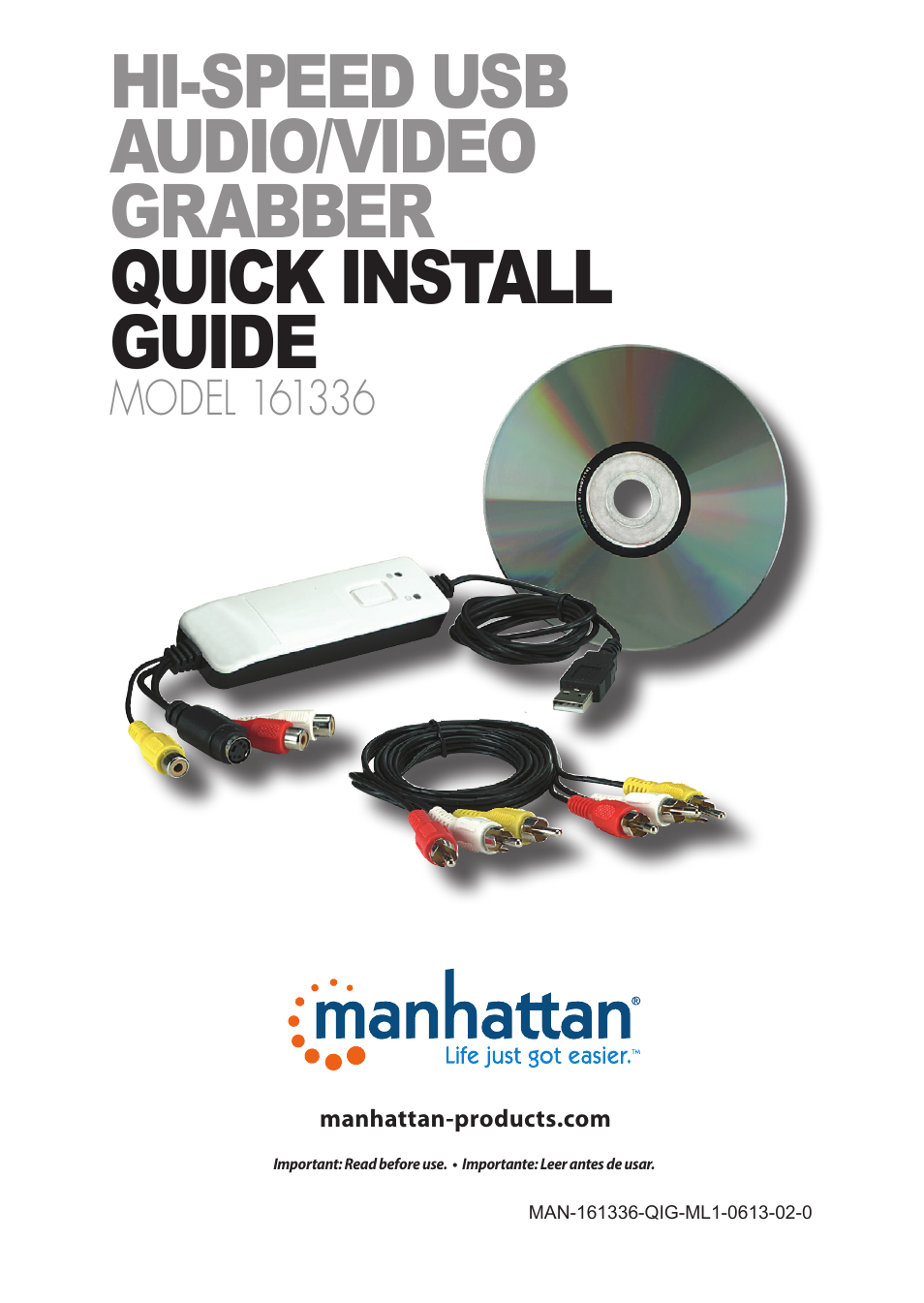 Manhattan 161336 Hi-Speed USB Audio_Video Grabber - Quick Install (Multi) User Manual | 8 pages