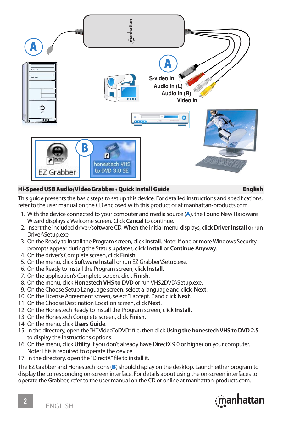 Ba a | Manhattan 161336 Hi-Speed USB Audio_Video Grabber - Quick Install (Multi) User Manual | Page 2 / 8