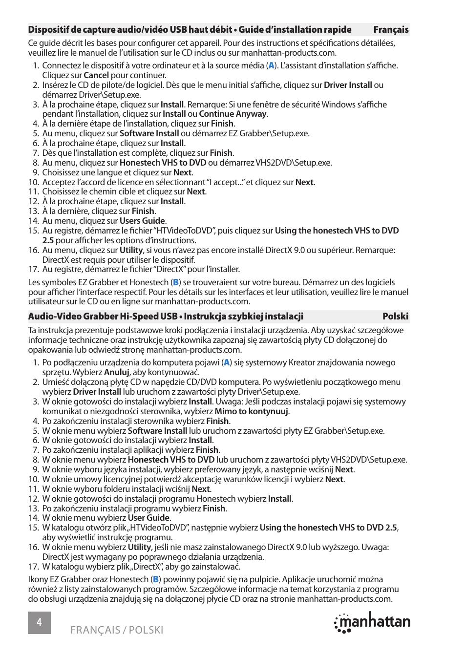 4français / polski | Manhattan 161336 Hi-Speed USB Audio_Video Grabber - Quick Install (Multi) User Manual | Page 4 / 8