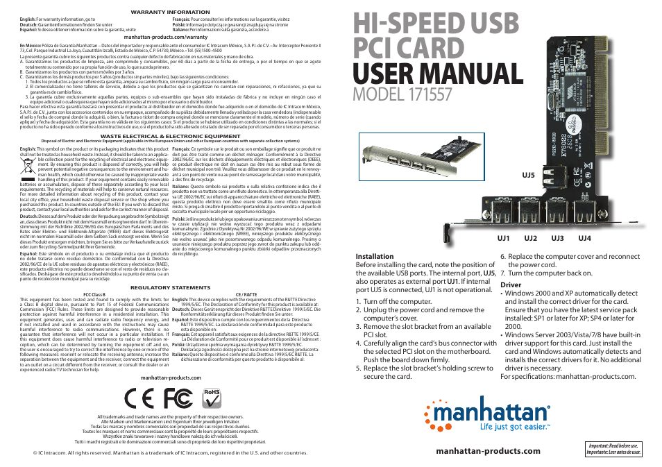 Manhattan 171557 Hi-Speed USB PCI Card - Quick Install (Multi) User Manual | 2 pages