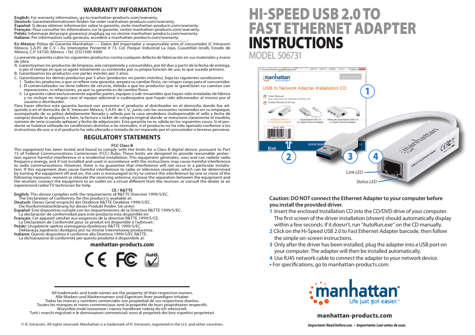 Manhattan 506731 USB 2.0 Fast Ethernet Adapter - Quick Install (Multi) User Manual | 2 pages