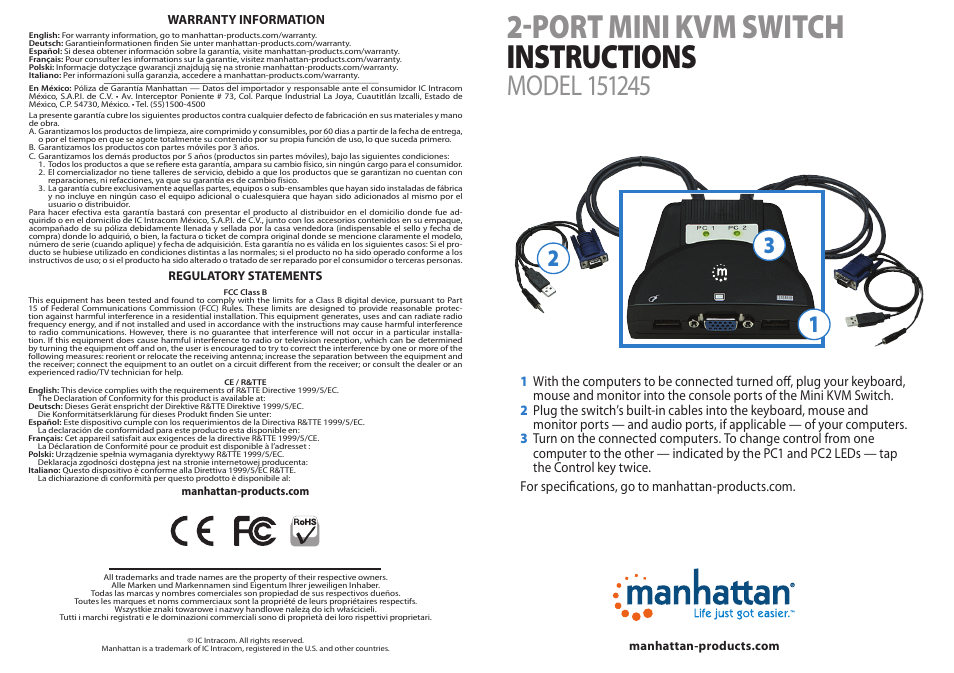 Manhattan 151245 2-Port Mini KVM Switch - Quick Install (Multi) User Manual | 2 pages