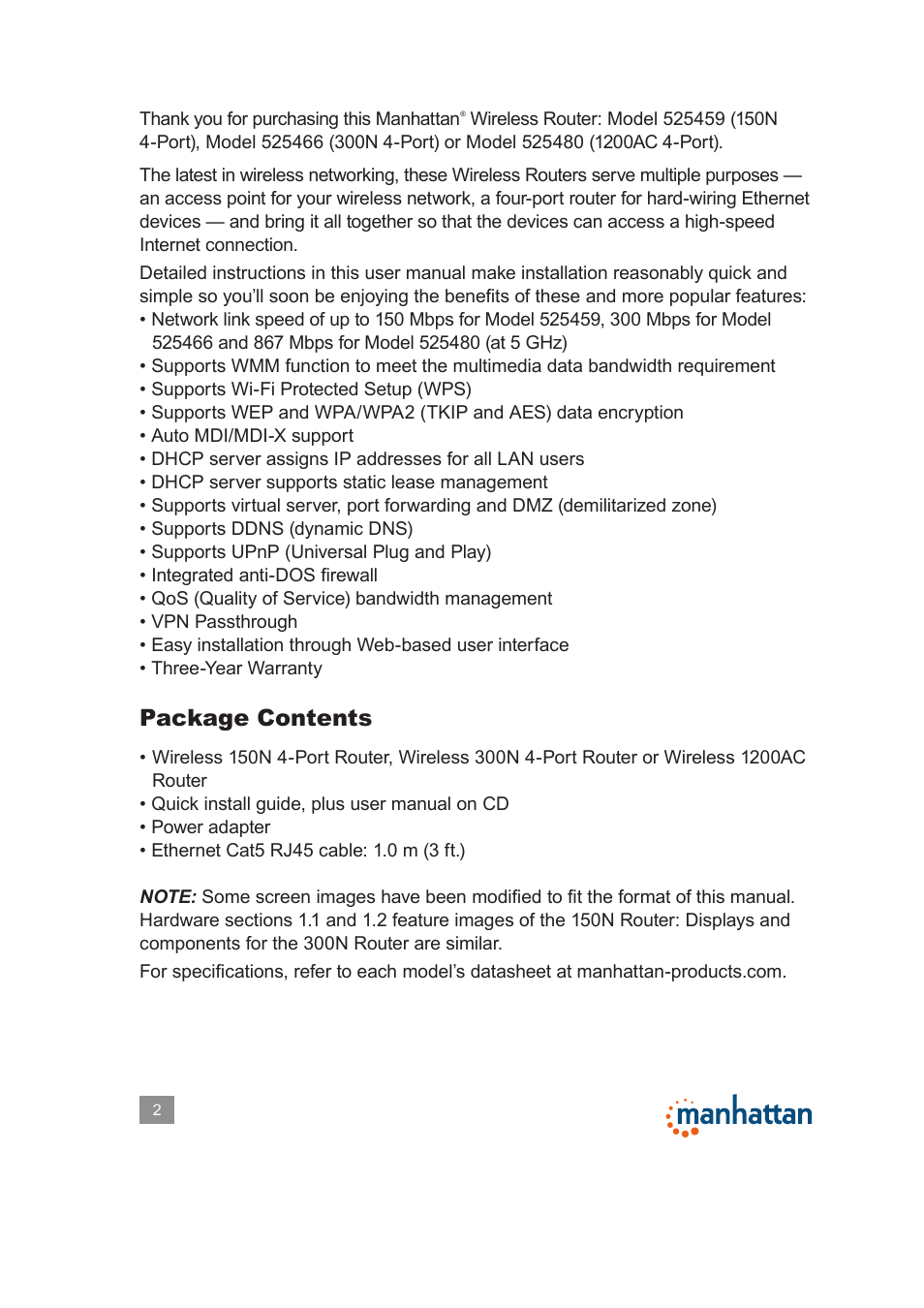 Package contents | Manhattan 525480 150N Wireless Router - Manual User Manual | Page 2 / 64