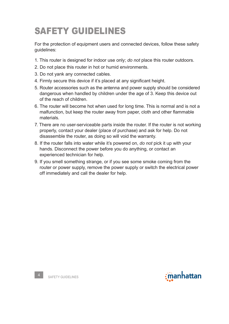 Safety guidelines | Manhattan 525480 150N Wireless Router - Manual User Manual | Page 4 / 64