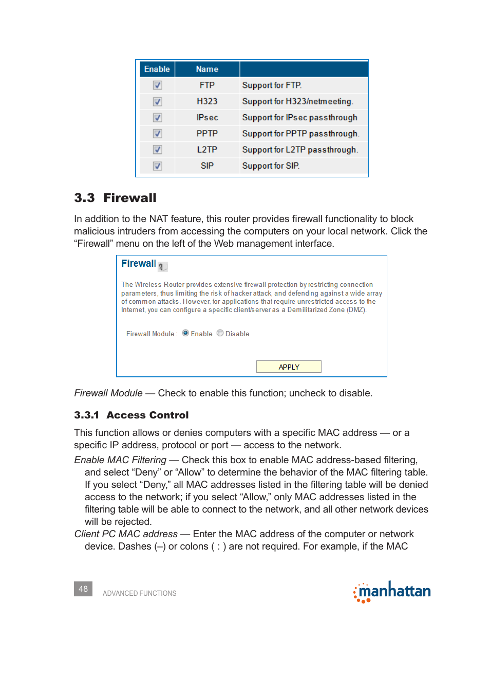 3 firewall | Manhattan 525480 150N Wireless Router - Manual User Manual | Page 48 / 64