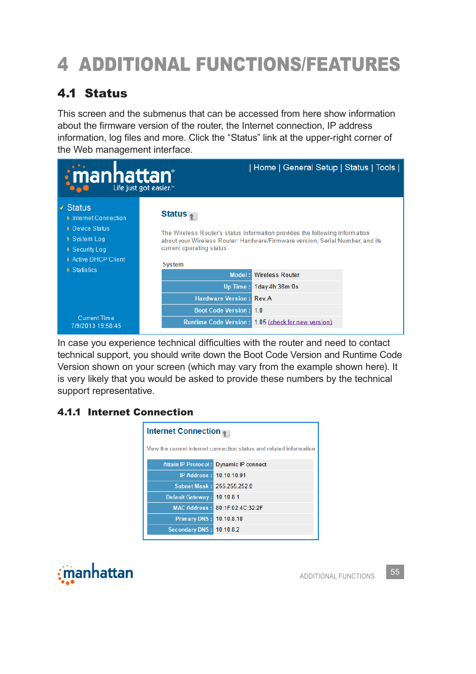 4 additional functions/features, 1 status | Manhattan 525480 150N Wireless Router - Manual User Manual | Page 55 / 64