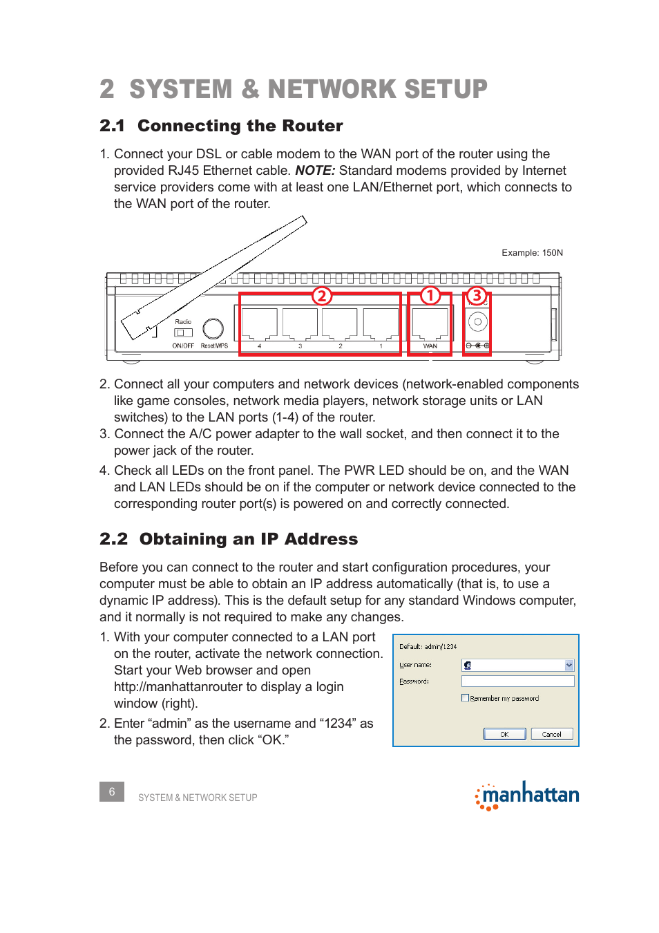 2 system & network setup, 1 connecting the router, 2 obtaining an ip address | Manhattan 525480 150N Wireless Router - Manual User Manual | Page 6 / 64