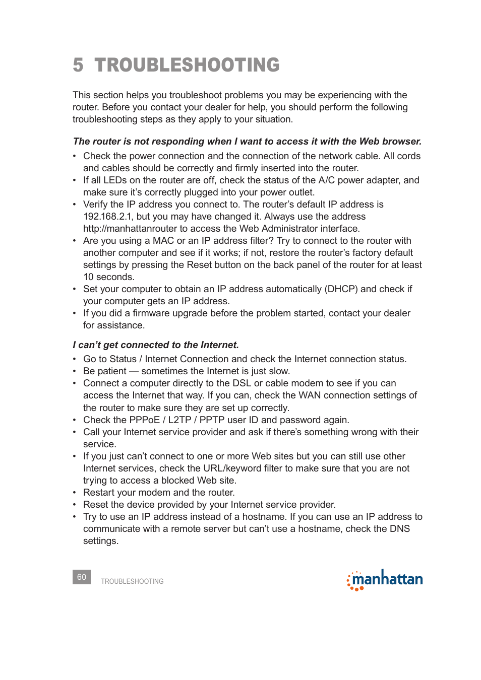 5 troubleshooting | Manhattan 525480 150N Wireless Router - Manual User Manual | Page 60 / 64