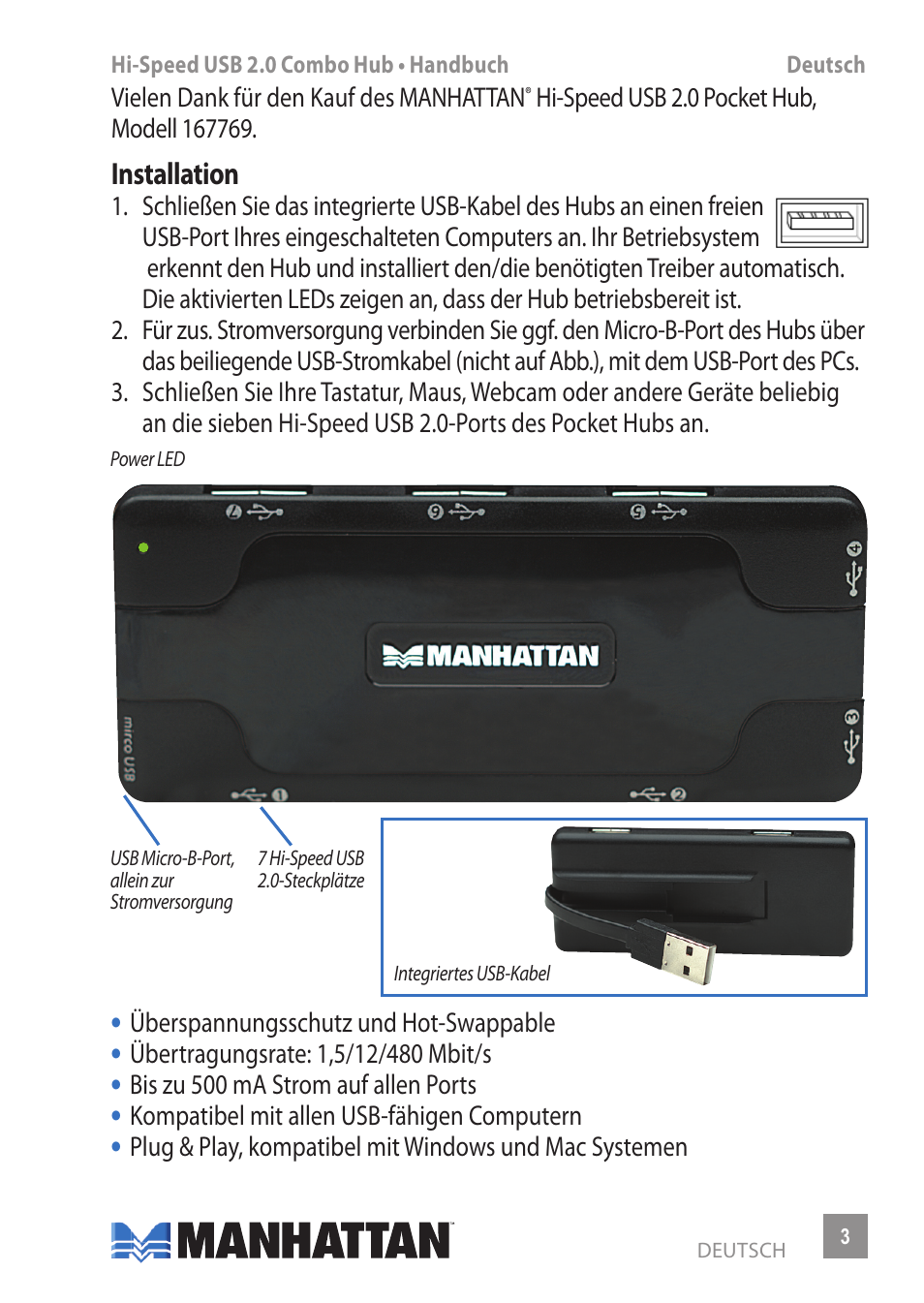 Manhattan 161169 Hi-Speed USB Pocket Hub - Manual (Multi) User Manual | Page 3 / 12