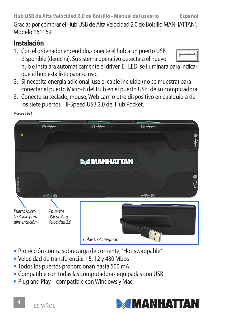 Manhattan 161169 Hi-Speed USB Pocket Hub - Manual (Multi) User Manual | Page 4 / 12