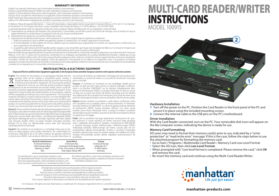 Manhattan 100915 Multi-Card Reader_Writer - Quick Install (Multi) User Manual | 2 pages