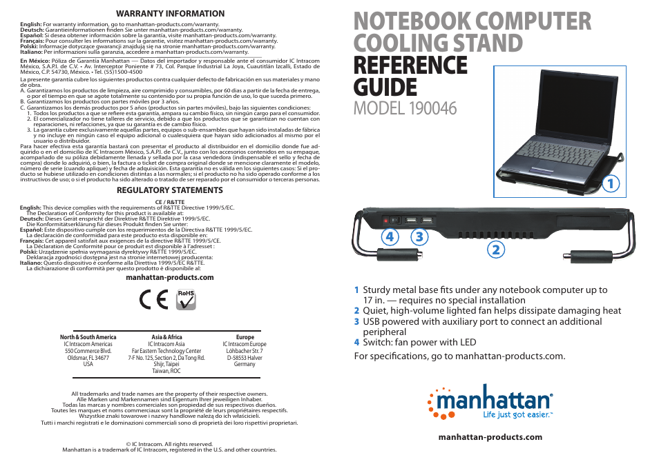 Manhattan 190046 Notebook Computer Cooling Stand - Quick Install (Multi) User Manual | 2 pages