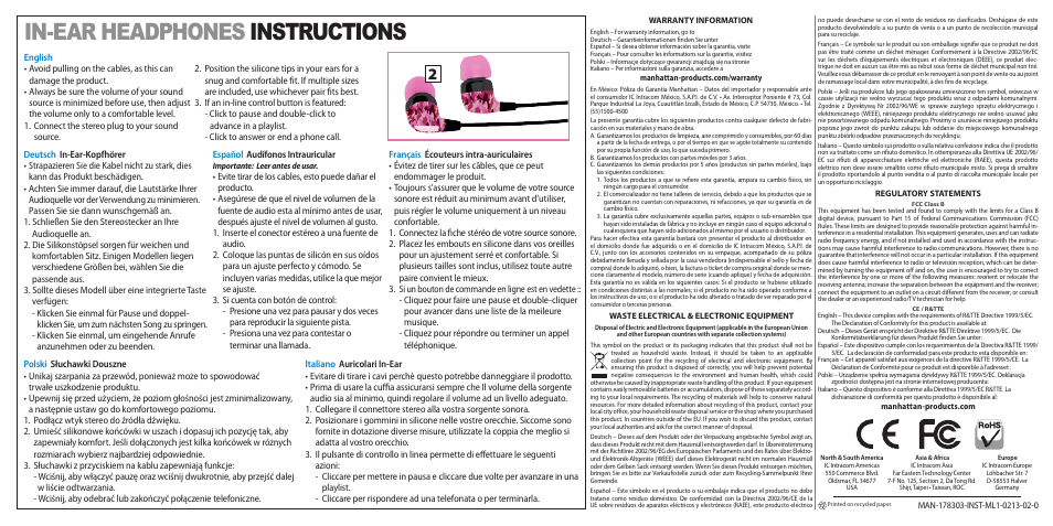 In-ear headphones instructions | Manhattan 178310 Signature Collection - Quick Install (Multi) User Manual | Page 2 / 2