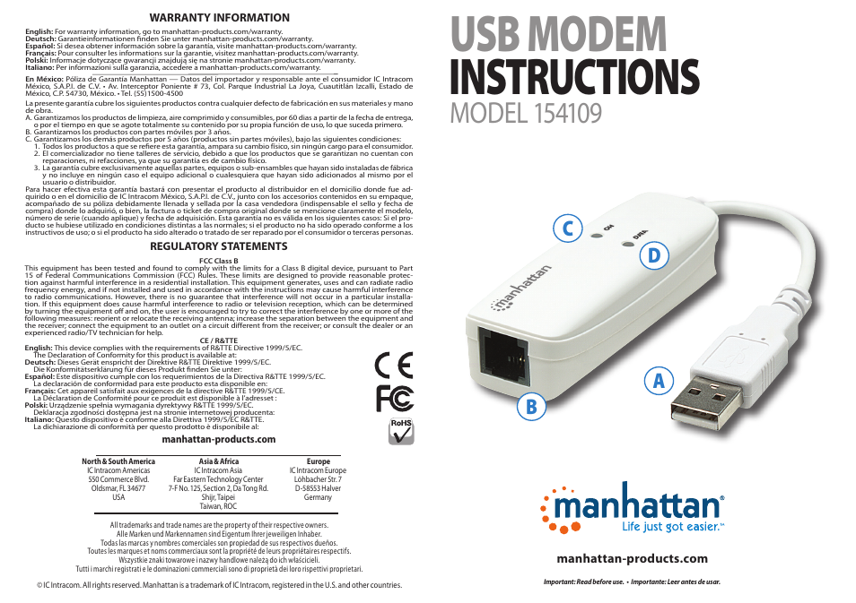 Manhattan 154109 USB Modem - Quick Install (Multi) User Manual | 2 pages