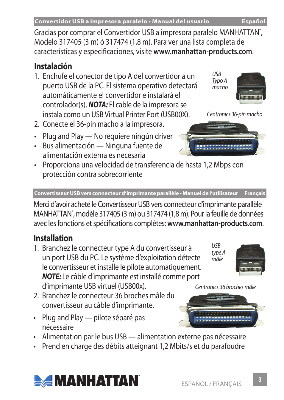 Instalación, Installation | Manhattan 317474 USB to Parallel Printer Converter - Manual (Multi) User Manual | Page 3 / 8