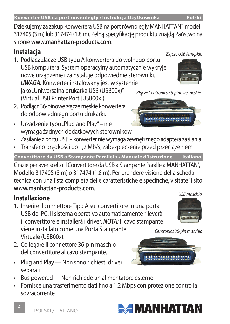 Instalacja, Installazione | Manhattan 317474 USB to Parallel Printer Converter - Manual (Multi) User Manual | Page 4 / 8